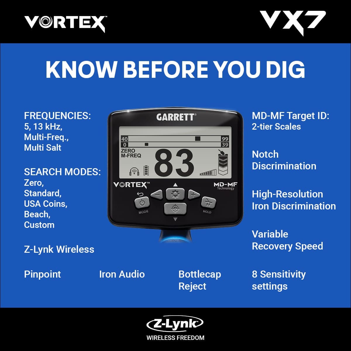 Afyon Garrett Vortex VX7 Dedektör - VX7 hedef ID ekranı, iki katmanlı MD-MF okuma ile demir ve iletken hedefleri ayırmaya yardım eder.